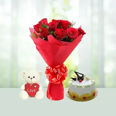 Rose Flowers Pineapple Cake Teddy Combo