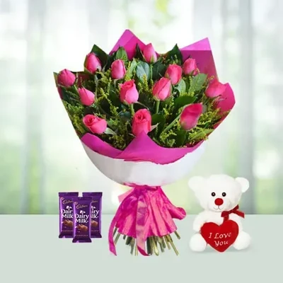 Pink Rose Birthday Bundle- 12 Roses Teddy N Chocolates