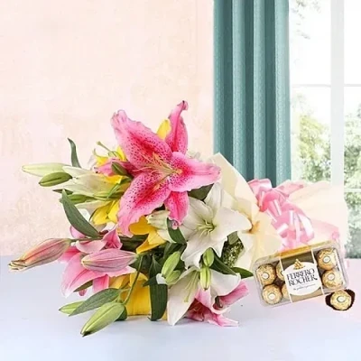 Assorted Lilly Bouquet And Ferrero Rocher