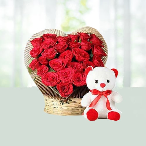 V Day-25 Heart Shape Red Roses Basket N 6 Teddy 