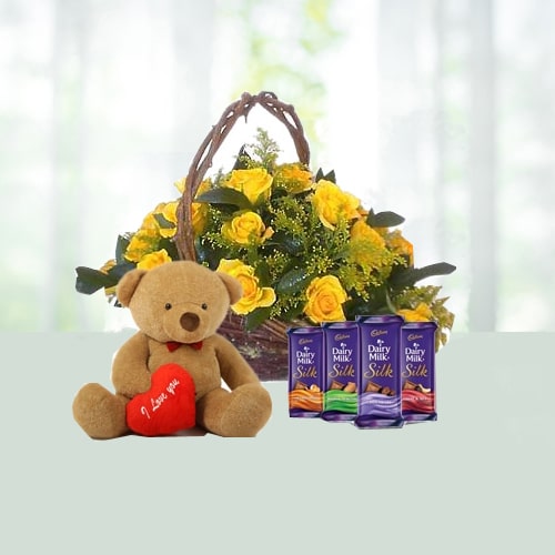 V Day- Basket of 15 Yellow Roses with 4 Dairy Milk Chocolates N Teddy